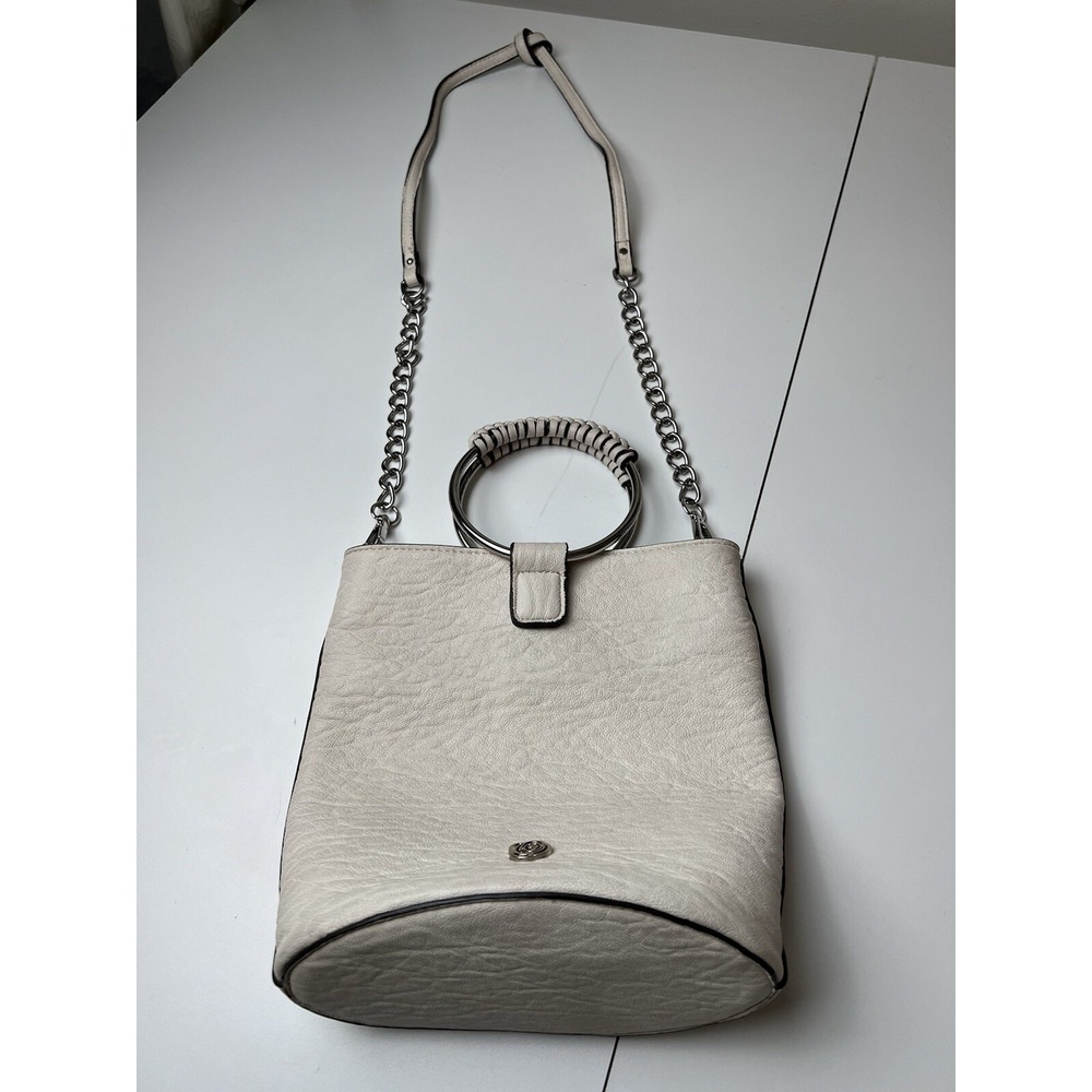 Carlos Santana Ivory Vegan Leather Bucket Round Covered Handles Cross Body Bag